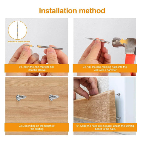 Illustrated installation method for 400pcs Double Head Skirting Nails with 4 Tools, showing nails and skirting board attachment.