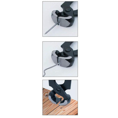 Close-up of 8 Inch Nail Puller And Pliers For Carpentry And DIY Tasks With 24 Millimeter Jaw Clearance And Sharp Knife And Anvil Edges cutting wire and pulling nails, demonstrating flush cuts and tool usage on wood surface.
