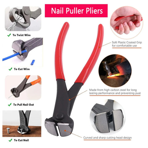 Five piece upholstery staple remover and nail puller kit showing red and black pliers with metal jaws for versatile use.