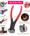 Nail puller pliers with red handles from 4-Piece Upholstery Staple Remover Tool Set With End-Cutting Pliers, Nail Remover, V-Nail Puller And U-Nail Puller, A 4-In-1 Fastener Remover For Furniture, Floors, Walls, Cars, Frames, And DIY Decor Projects.