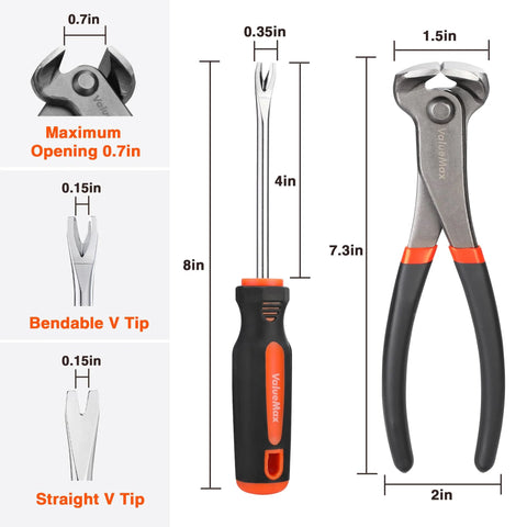 Three Piece Nail Puller And Staple Remover Tool Set With 7 Inch End Cutting Pliers And 8 Inch Bendable And Straight V Tip Tack Pullers