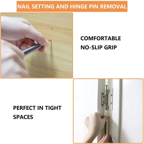 Two Piece Dual Head Nail Setter And Hinge Pin Punch Set Hammerless used for door pins and nail setting, close-up view.