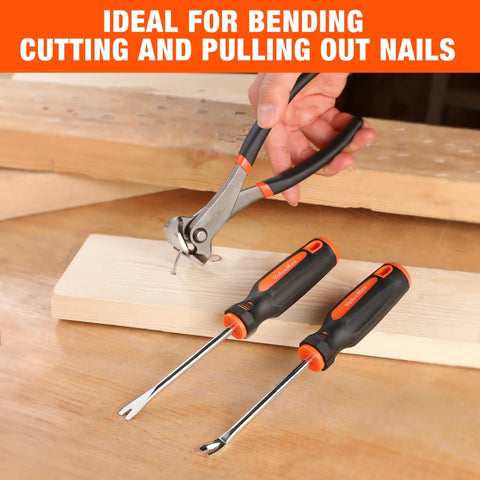 Three Piece Nail Puller And Staple Remover Tool Set With 7 Inch End Cutting Pliers And 8 Inch Bendable And Straight V Tip Tack Pullers For Upholstery Furniture Repair Flooring Installation Carpeting DIY Projects And Quick Nails And Staples Removal shown on wooden surface with one tool in use.