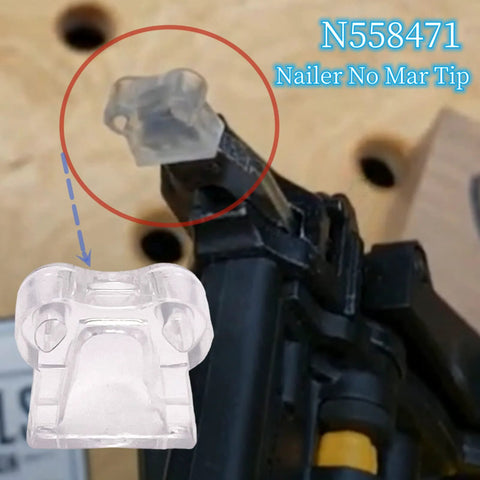 No-Mar Tip Replacement Set for DCN Series shown installed and detached, clear insert for nailer nose, prevents marks during use.