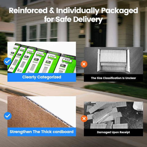 18 Gauge Brad Nails, Assorted 6 Sizes in packaging, highlighting clear categorization and reinforced cardboard for delivery