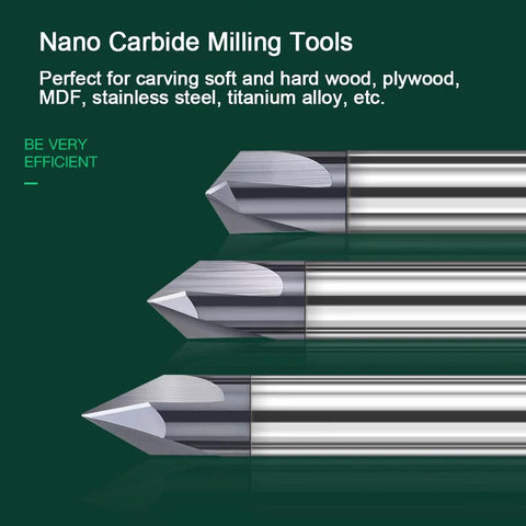 Close-up of Carbide V Groove Router Bit 60 Degree Chamfer End Mill with One Eighth Inch Shank, 3 Flutes CNC Milling Cutter