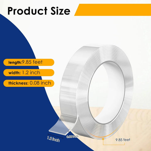 Heavy Duty Double Sided Tape Nano Mounting Tape Clear Multipurpose Adhesive For Home And Office roll, dimensions shown.