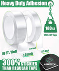 Go-To Heavy Duty Double Sided Tape 240 Inch Pack With Nano Mounting Adhesive, featuring 1 inch and 0.5 inch widths, supports 180 lb.