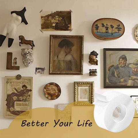 Heavy Duty Nano Double Sided Tape Bulk Pack With Industrial Strength Adhesive displayed near wall decor items