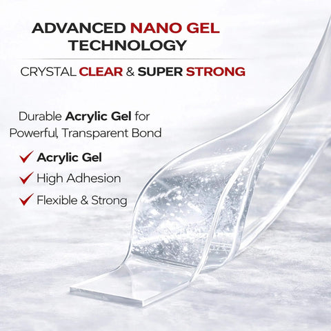 Close-up of Heavy Duty Double Sided Tape For Indoor And Outdoor Use, showcasing nano gel technology on clear surfaces.