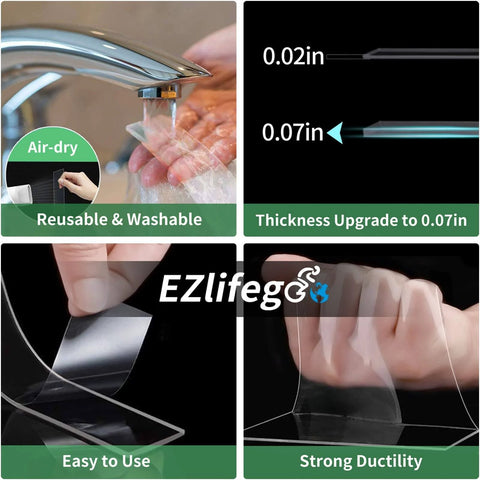 Heavy Duty Double Sided Tape Set Ultra Large 396 Inches Total Pack Of 2 Nano Tech Acrylic Gel Adhesive being used and shown in thickness, washability, and ductility features.