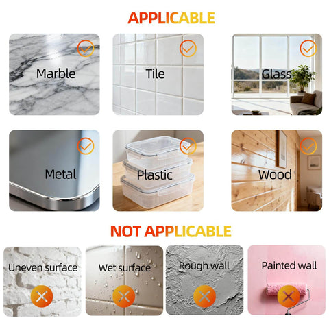 Image showing applicable surfaces for Two For One Value Heavy Duty Nano Gel Double Sided Mounting Tape: marble, tile, glass, metal, plastic, wood.