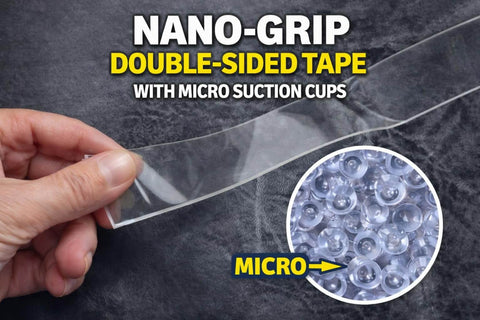 5 Pack Double Sided Nano Grip Go-To Mounting Tape With 50 Feet Total, 10 Foot Clear Rolls, held by hand, showing micro suction cups.