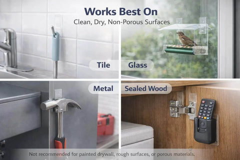 5 Pack Double Sided Nano Grip Go-To Mounting Tape With 50 Feet Total holding items on tile, glass, metal, and sealed wood surfaces.