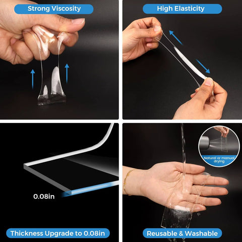 Nano Double Sided Mounting Tape For Walls Art And Daily Home Projects Super Sticky Heavy Duty Adhesive For Metal Plastic Aluminum And Glass 10 Ft Long Sticks Like Crazy For Indoor DIY Decor shown in stretchy, elastic form demonstrating strength and reusability.