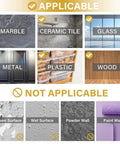Diagram showing applicable surfaces for heavy duty nano double sided tape: marble, tile, glass, metal, plastic, wood; not for uneven or wet surfaces
