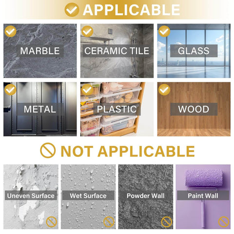 Diagram showing applicable surfaces for heavy duty nano double sided tape: marble, tile, glass, metal, plastic, wood; not for uneven or wet surfaces