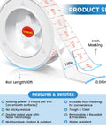 Close-up of clear Nano Double Sided Mounting Tape for walls and DIY, showing 10 ft roll, inch markings, suitable for metal and plastic.
