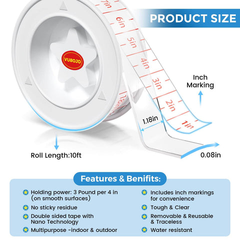 Close-up of clear Nano Double Sided Mounting Tape for walls and DIY, showing 10 ft roll, inch markings, suitable for metal and plastic.