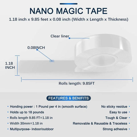 Heavy Duty Double Sided Mounting Tape Clear Removable For Walls Carpets Rugs And Posters 9.84 Foot Long And 1.18 Inch Wide Nano Gel