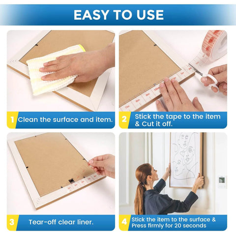 4-step process using Nano Double Sided Mounting Tape For Walls Art And Daily Home Projects Super Sticky Heavy Duty Adhesive.