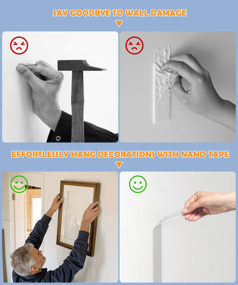 Comparison of wall damage from nails versus using Heavy Duty Double Sided Nano Tape Removable Mounting Tape 1 Inch Wide Clear Adhesive Strips For Home Office Car Outdoor Use 10 Feet Long Stick Anywhere Ultra Strong No Residue Reusable Holds Light To Moderate Items