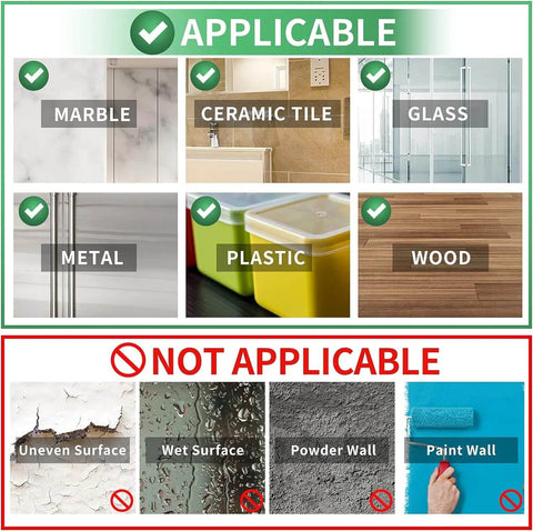 Image showing surfaces applicable and not applicable for Heavy Duty Double Sided Tape For Mounting, Clear Nano Tech Adhesive Tape.