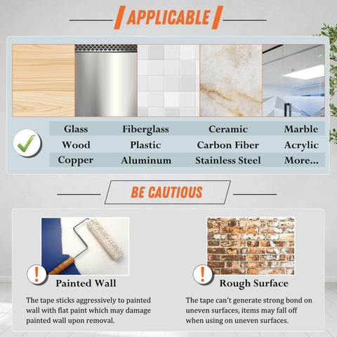Detail on materials applicable for Extra Large Double Sided Tape Heavy Duty Removable 1.18 Inch By 160 Inch Clear Nano Tape.