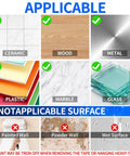 Surface applicability of Heavy Duty Double Sided Tape 2 Roll Pack, Total 20 Feet, Removable Nano Tape, showing ceramic, wood, metal, plastic, marble, and glass.