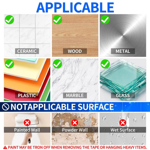 Surface applicability of Heavy Duty Double Sided Tape 2 Roll Pack, Total 20 Feet, Removable Nano Tape, showing ceramic, wood, metal, plastic, marble, and glass.