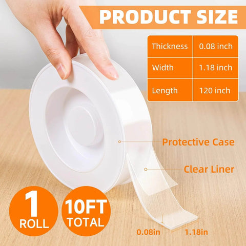 Heavy Duty Double Sided Tape Nano Tech Adhesive For Mounting Clear Acrylic Mounting Tape For Hanging Pictures Posters Carpet Photo Decor Super Sticky Instant Bond No Drying Required 10 Feet, 1 roll, 10ft length, protective case, clear liner.