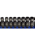 Pinless Nano Universal Impact Socket Set For Three Eighths Inch Drive Pro Grade Workhorse Ten Piece Set With Sizes Ten Through Eighteen Millimeter