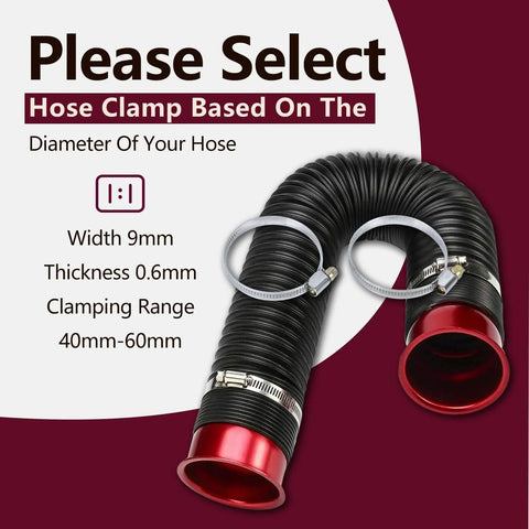 10 Pcs Narrow 9mm Stainless Steel Adjustable Hose Clamp 40 To 60mm HC40 To 60 Pack installed on black hose with red connectors
