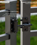 Close-up of Built Tough Self Closing Gate Hinges For Metal Vinyl PVC Wood Fence With Adjustable Tension And 90 Degree Swing Gate Closer Hinges Gate Hardware Kit 2 Pack In Black Finish, installed on a narrow gate frame.