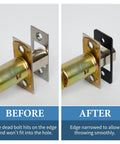 Narrow-Side Deadbolt Strike Plate restores smooth operation by correcting misalignment and preventing sticking or jamming, matte black finish, before and after comparison.