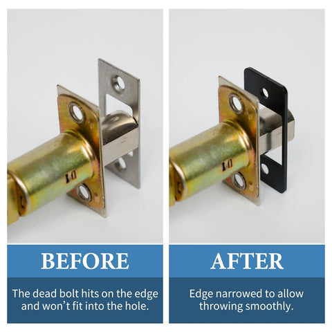 Narrow-Side Deadbolt Strike Plate restores smooth operation by correcting misalignment and preventing sticking or jamming, matte black finish, before and after comparison.