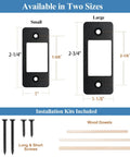 Narrow-Side Deadbolt Strike Plate restores smooth operation by correcting misalignment and preventing sticking or jamming, widening the latch opening on one side for easy bolt travel, matte black finish, includes long and short screws for quick installation, showing two sizes and installation kit.