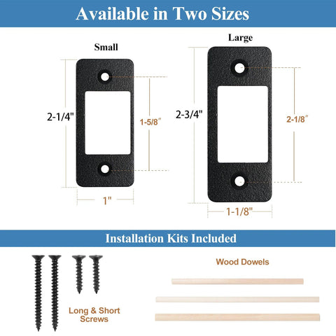Narrow-Side Deadbolt Strike Plate restores smooth operation by correcting misalignment and preventing sticking or jamming, widening the latch opening on one side for easy bolt travel, matte black finish, includes long and short screws for quick installation, showing two sizes and installation kit.