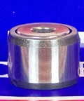 Side view of NAST6ZZ Track Needle Roller Shielded Bearing 6x19x14mm on a blue background, showing metal casing and shielded sides.
