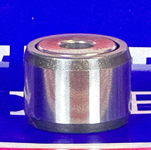 Side view of NAST6ZZ Track Needle Roller Shielded Bearing 6x19x14mm on a blue background, showing metal casing and shielded sides.
