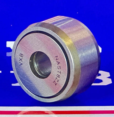 Close-up of NAST8ZZ Track Needle Roller Bearing 8x24x14mm - Shielded, showing metal construction and shield markings.