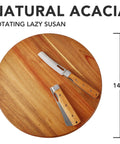 14 inch acacia wood lazy susan cabinet organizer, solid wood rotating turntable tray with knife shown on top.