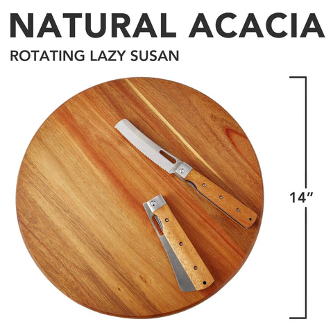 14 inch acacia wood lazy susan cabinet organizer, solid wood rotating turntable tray with knife shown on top.