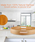 Lazy Susan Organizer 14 inch, Bamboo Lazy Susan for Table on kitchen countertop, showcasing smooth bamboo surface and handles.