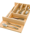 Natural Maple Right Size Utensil Insert Home Storage Kitchen Organizer 7 Compartment Drawer Accessory, showcasing arranged utensils.