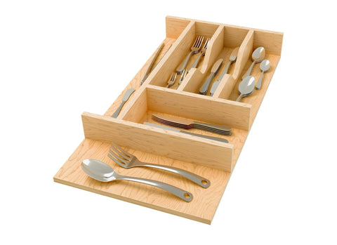 Natural Maple Right Size Utensil Insert Home Storage Kitchen Organizer 7 Compartment Drawer Accessory, showcasing arranged utensils.