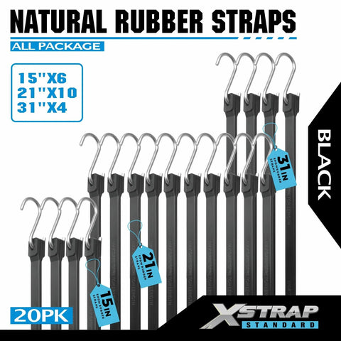 20 Pack Natural Rubber Tarp Bungee Straps With S Hooks in various lengths for outdoor tarp covers and cargo