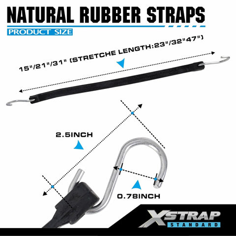 20 Pack Natural Rubber Tarp Bungee Straps With S Hooks, Heavy Duty Tie Down, size details for outdoor cargo and canopy use.