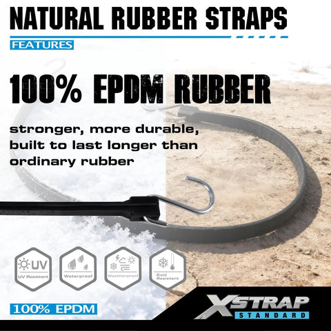 100% EPDM rubber strap with S hook for weather-resistant tie downs