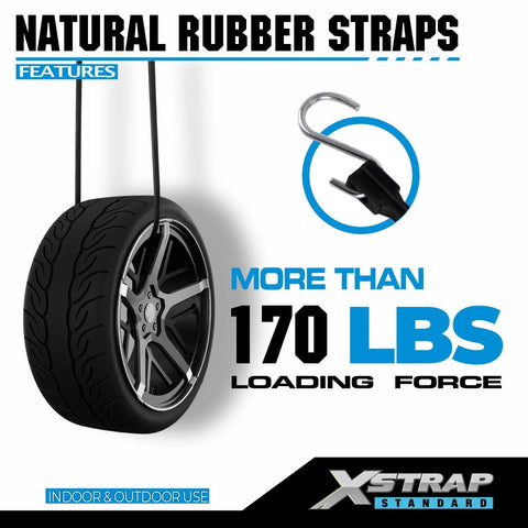 20 Pack Natural Rubber Tarp Bungee Straps With S Hooks showing 170 lbs loading force feature